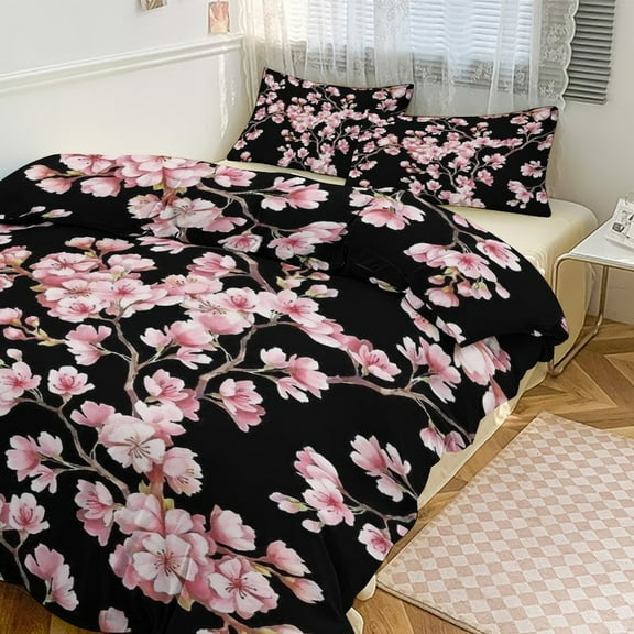 3 Pcs Soft Bedding Set, Includes 1 Duvet Cover with Zipper And 2 Pillow Shams,Cherry Blossom Print Twin(86"x70")