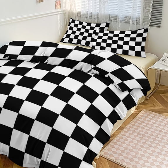 3 Pcs Soft Bedding Set, Includes 1 Duvet Cover with Zipper And 2 Pillow Shams,Chess Board Black Full(79"×90")