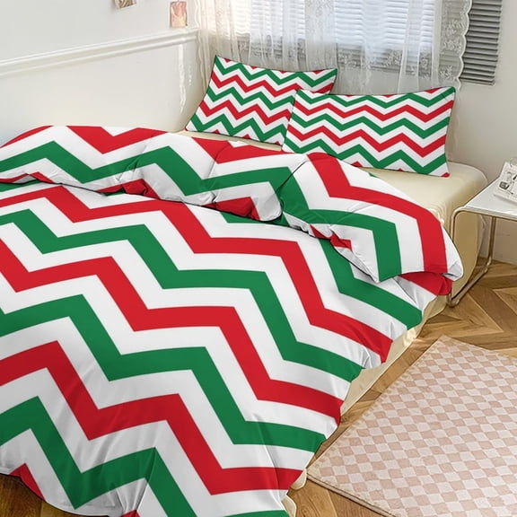 3 Pcs Soft Bedding Set, Includes 1 Duvet Cover with Zipper And 2 Pillow Shams,Christmas Chevron Pattern Green, Red And White Christmas King(102"×90")