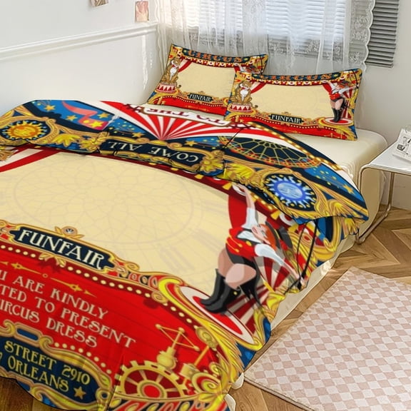 3 Pcs Soft Bedding Set, Includes 1 Duvet Cover with Zipper And 2 Pillow Shams,Circus Carnival Invite Vintage Twin(86"x70")