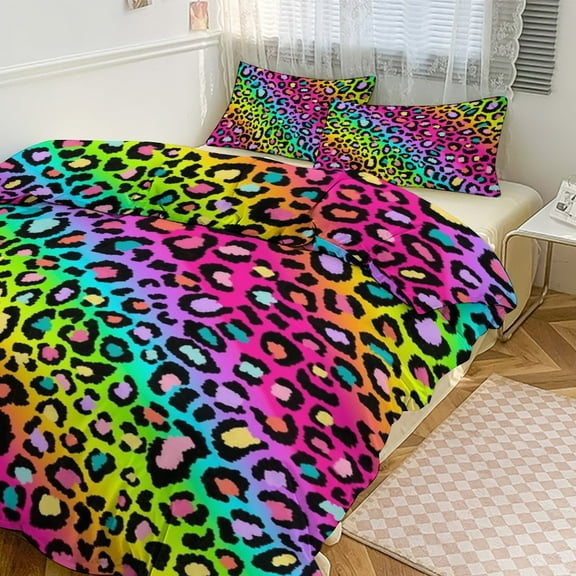 3 Pcs Soft Bedding Set, Includes 1 Duvet Cover with Zipper And 2 Pillow Shams,Colofrul Rainbow Leopard Queen(90"×90")