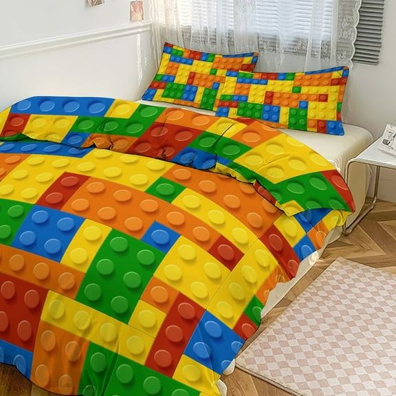 3 Pcs Soft Bedding Set, Includes 1 Duvet Cover with Zipper And 2 Pillow Shams,Colorful Bricks Design Twin(86"x70")