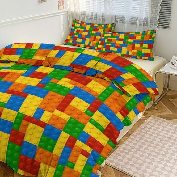 3 Pcs Soft Bedding Set, Includes 1 Duvet Cover with Zipper And 2 Pillow Shams,Colorful Building Bricks Small Plastic Blocks Queen(90"×90")