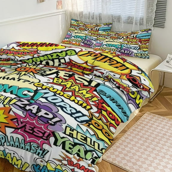 3 Pcs Soft Bedding Set, Includes 1 Duvet Cover with Zipper And 2 Pillow Shams,Comics Pop Art Twin(86"x70")