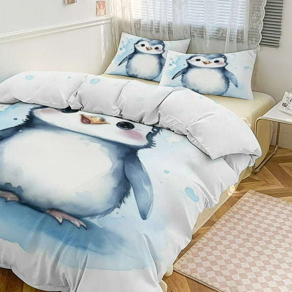 3 Pcs Soft Bedding Set, Includes 1 Duvet Cover with Zipper And 2 Pillow Shams,Cute Penguin Blue Twin(86"x70")