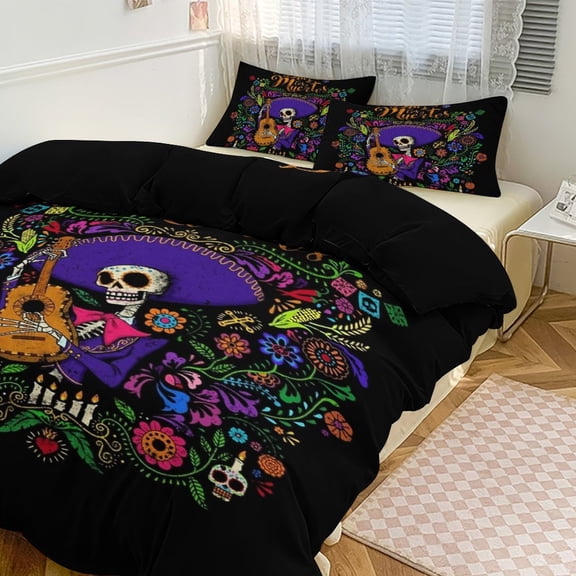 3 Pcs Soft Bedding Set, Includes 1 Duvet Cover with Zipper And 2 Pillow Shams,DIA DE LOS MUERTOS Mexico Twin(86"x70")