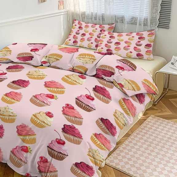 3 Pcs Soft Bedding Set, Includes 1 Duvet Cover with Zipper And 2 Pillow Shams,Delicious Pink Retro Cupcakes Twin(86"x70")