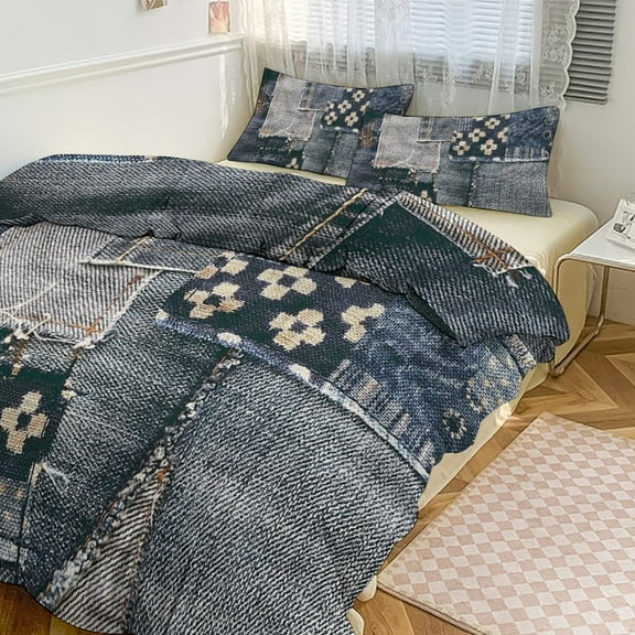 3 Pcs Soft Bedding Set, Includes 1 Duvet Cover with Zipper And 2 Pillow Shams,Denim Patchwork Twin(86"x70")