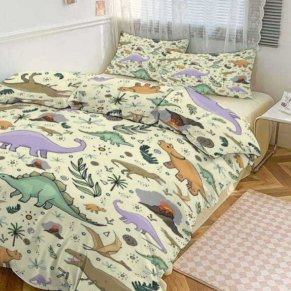 3 Pcs Soft Bedding Set, Includes 1 Duvet Cover with Zipper And 2 Pillow Shams,Dinosaurs in Yellow Twin(86"x70")
