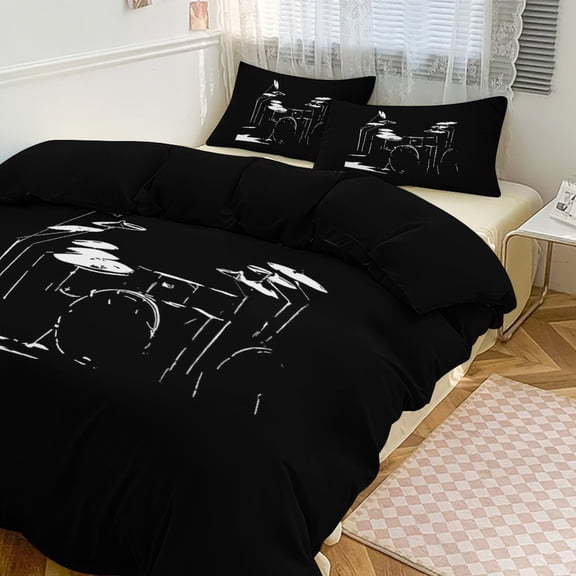 3 Pcs Soft Bedding Set, Includes 1 Duvet Cover with Zipper And 2 Pillow Shams,Drum Kit Black And White Twin(86"x70")