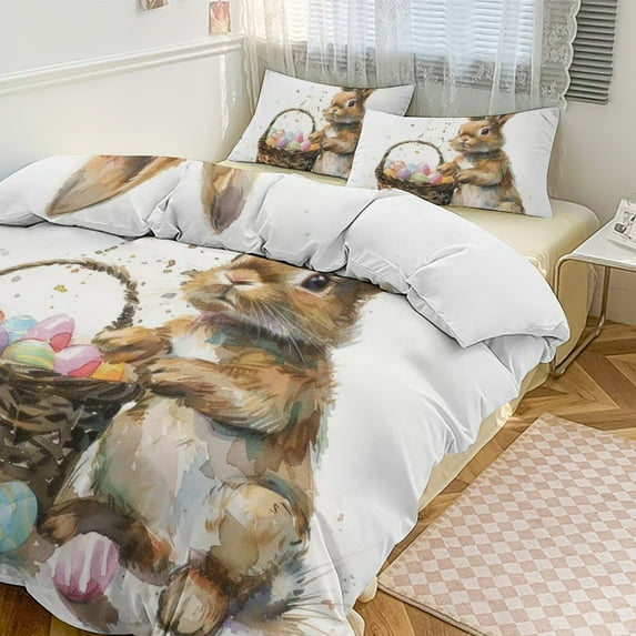 3 Pcs Soft Bedding Set, Includes 1 Duvet Cover with Zipper And 2 Pillow Shams,Easter Rabbit Easter Bunny Flowers Queen(90"×90")