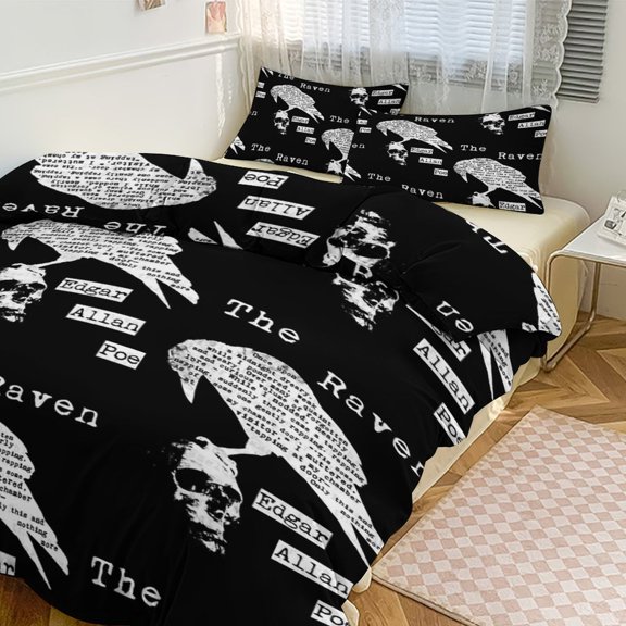 3 Pcs Soft Bedding Set, Includes 1 Duvet Cover with Zipper And 2 Pillow Shams,Edgar Allan Poe The Raven Poem Queen(90"×90")
