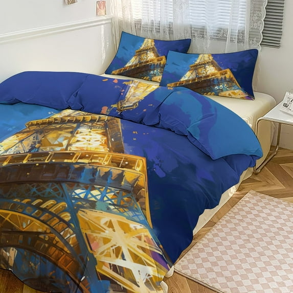 3 Pcs Soft Bedding Set, Includes 1 Duvet Cover with Zipper And 2 Pillow,Shams Eiffel Tower Queen(90"×90")