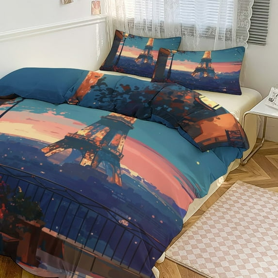 3 Pcs Soft Bedding Set, Includes 1 Duvet Cover with Zipper And 2 Pillow,Shams Eiffel Tower Queen(90"×90")