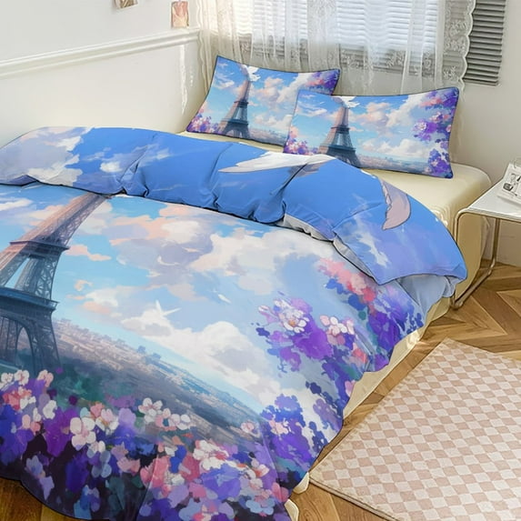 3 Pcs Soft Bedding Set, Includes 1 Duvet Cover with Zipper And 2 Pillow,Shams Eiffel Tower Queen(90"×90")