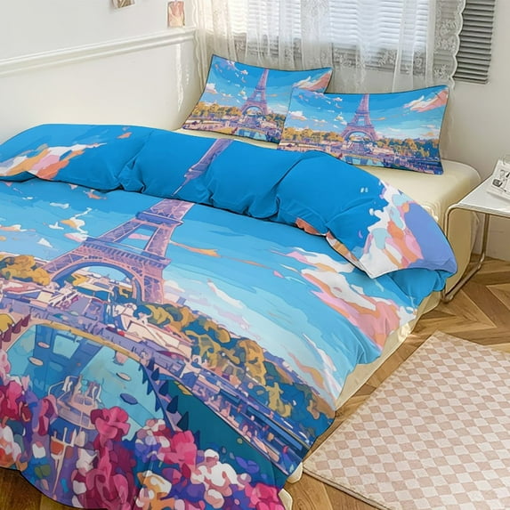 3 Pcs Soft Bedding Set, Includes 1 Duvet Cover with Zipper And 2 Pillow,Shams Eiffel Tower Queen(90"×90")