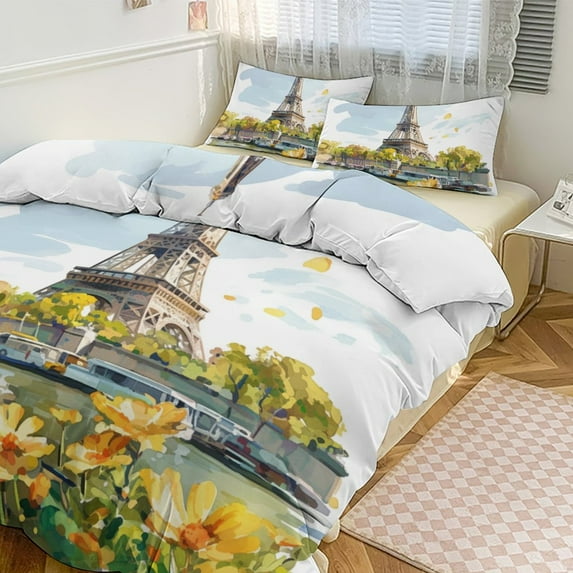 3 Pcs Soft Bedding Set, Includes 1 Duvet Cover with Zipper And 2 Pillow,Shams Eiffel Tower Twin(86"x70")