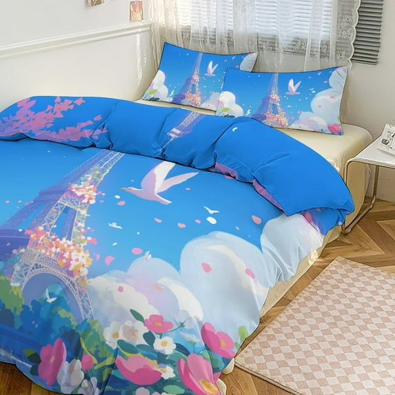3 Pcs Soft Bedding Set, Includes 1 Duvet Cover with Zipper And 2 Pillow,Shams Eiffel Tower Twin(86"x70")