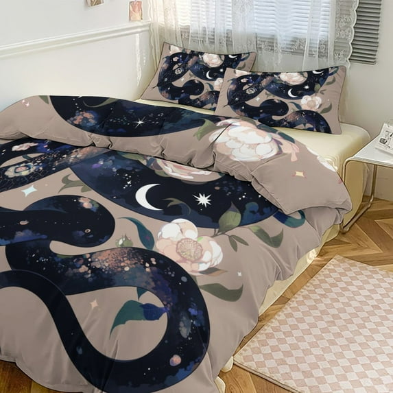 3 Pcs Soft Bedding Set, Includes 1 Duvet Cover with Zipper And 2 Pillow,Shams Flower Entwined Snake Full(79"×90")