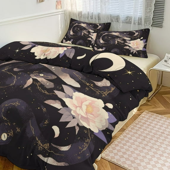 3 Pcs Soft Bedding Set, Includes 1 Duvet Cover with Zipper And 2 Pillow,Shams Flower Entwined Snake Queen(90"×90")