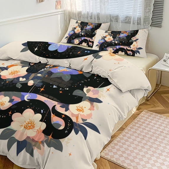 3 Pcs Soft Bedding Set, Includes 1 Duvet Cover with Zipper And 2 Pillow,Shams Flower Entwined Snake Queen(90"×90")