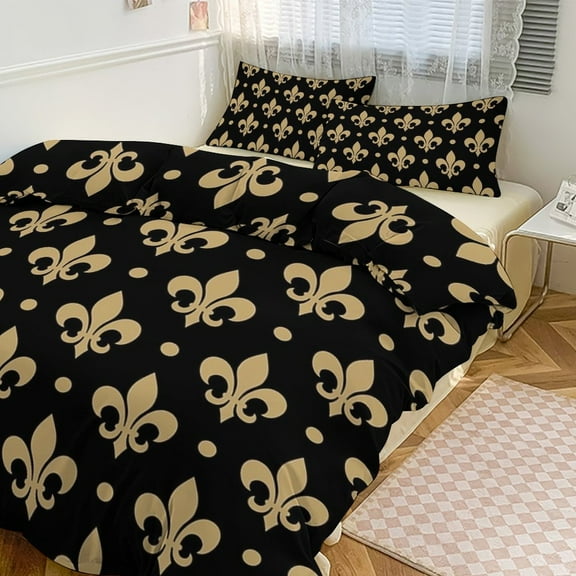 3 Pcs Soft Bedding Set, Includes 1 Duvet Cover with Zipper And 2 Pillow Shams,Gold & Black Fleur De Lis - Saints Fans Louisiana Twin(86"x70")