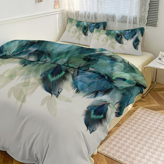 3 Pcs Soft Bedding Set, Includes 1 Duvet Cover with Zipper And 2 Pillow Shams,Gradient Peacock Feather Twin(86"x70")
