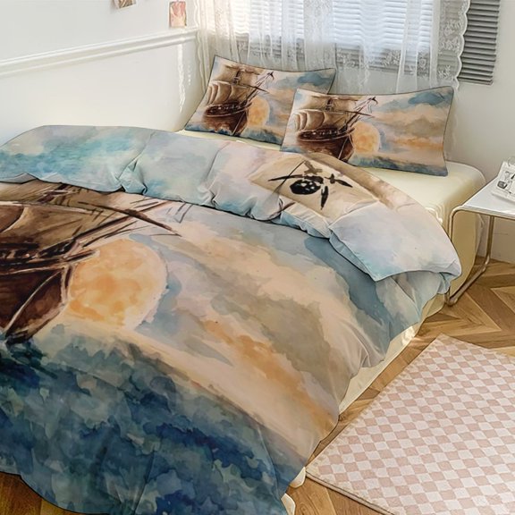 3 Pcs Soft Bedding Set, Includes 1 Duvet Cover with Zipper And 2 Pillow Shams,Hand Painting The Pirate Ship King(102"×90")