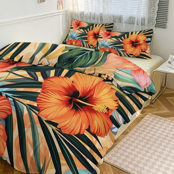 3 Pcs Soft Bedding Set, Includes 1 Duvet Cover with Zipper And 2 Pillow,Shams Hawaiian Hibiscus Garden Orange Flowers Full(79"×90")
