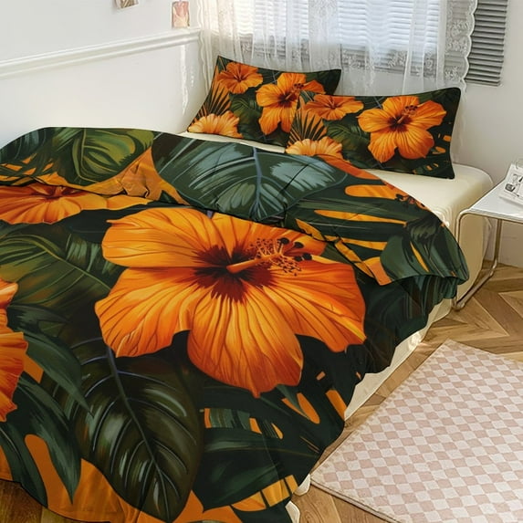 3 Pcs Soft Bedding Set, Includes 1 Duvet Cover with Zipper And 2 Pillow,Shams Hawaiian Hibiscus Garden Orange Flowers Full(79"×90")