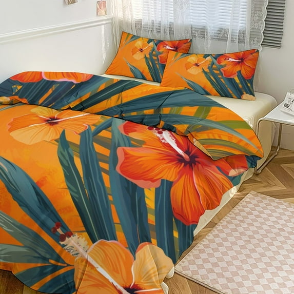 3 Pcs Soft Bedding Set, Includes 1 Duvet Cover with Zipper And 2 Pillow,Shams Hawaiian Hibiscus Garden Orange Flowers King(102"×90")