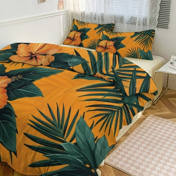 3 Pcs Soft Bedding Set, Includes 1 Duvet Cover with Zipper And 2 Pillow,Shams Hawaiian Hibiscus Garden Orange Flowers Queen(90"×90")