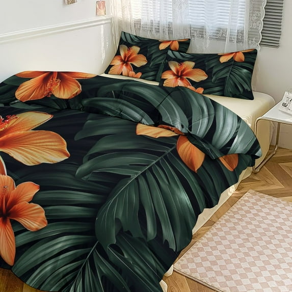 3 Pcs Soft Bedding Set, Includes 1 Duvet Cover with Zipper And 2 Pillow,Shams Hawaiian Hibiscus Garden Orange Flowers Queen(90"×90")