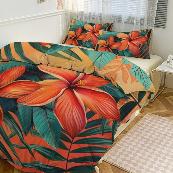 3 Pcs Soft Bedding Set, Includes 1 Duvet Cover with Zipper And 2 Pillow,Shams Hawaiian Hibiscus Garden Orange Flowers Twin(86"x70")