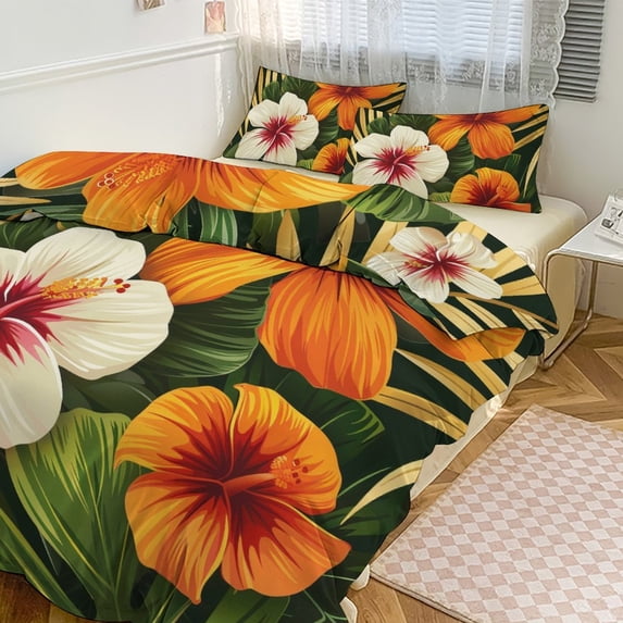 3 Pcs Soft Bedding Set, Includes 1 Duvet Cover with Zipper And 2 Pillow,Shams Hawaiian Hibiscus Garden Orange Flowers Twin(86"x70")