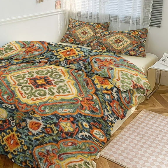 3 Pcs Soft Bedding Set, Includes 1 Duvet Cover with Zipper And 2 Pillow Shams,Heritage Bohemian Floral Traditional Moroccan Style Twin(86"x70")
