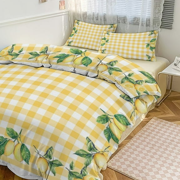 3 Pcs Soft Bedding Set, Includes 1 Duvet Cover with Zipper And 2 Pillow Shams,Lemons And Leaves on A Yellow And White Background Twin(86"x70")