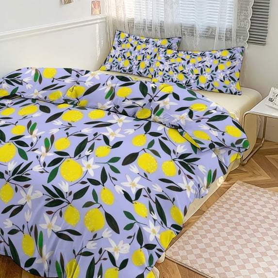 3 Pcs Soft Bedding Set, Includes 1 Duvet Cover with Zipper And 2 Pillow Shams,Lemons Blue Queen(90"×90")