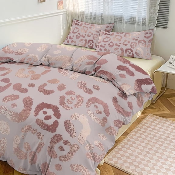 3 Pcs Soft Bedding Set, Includes 1 Duvet Cover with Zipper And 2 Pillow Shams,Leopard Rose Gold Texture Full(79"×90")