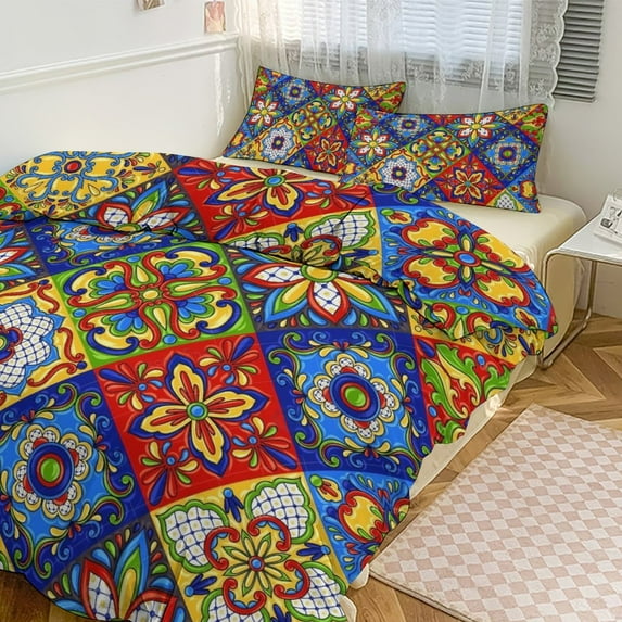 3 Pcs Soft Bedding Set, Includes 1 Duvet Cover with Zipper And 2 Pillow Shams,Mexican Talavera Ceramic Tile Pattern Full(79"×90")