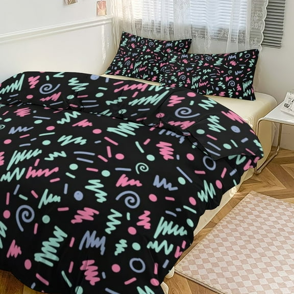 3 Pcs Soft Bedding Set, Includes 1 Duvet Cover with Zipper And 2 Pillow Shams,Minimal Memphis 80s Style Pattern King(102"×90")
