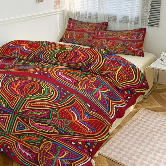 3 Pcs Soft Bedding Set, Includes 1 Duvet Cover with Zipper And 2 Pillow Shams,Mola De Panama Flower Queen(90"×90")