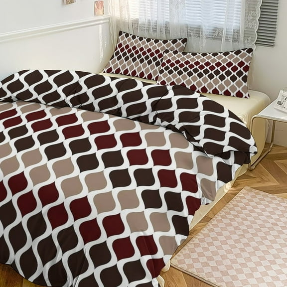 3 Pcs Soft Bedding Set, Includes 1 Duvet Cover with Zipper And 2 Pillow Shams,Moroccan Texture Wave Geometry Dark Red Brown Twin(86"x70")