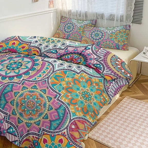 3 Pcs Soft Bedding Set, Includes 1 Duvet Cover with Zipper And 2 Pillow Shams,Multicolor Pattern with Oriental Mandalas King(102"Ă—90")