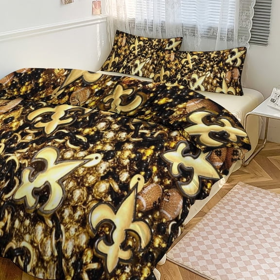3 Pcs Soft Bedding Set, Includes 1 Duvet Cover with Zipper And 2 Pillow Shams,New Orleans Black And Gold Louisiana Fleur De Lis Beads Twin(86"x70")