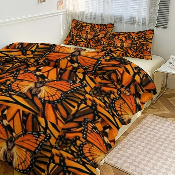 3 Pcs Soft Bedding Set, Includes 1 Duvet Cover with Zipper And 2 Pillow Shams,ORANGE MONARCH BUTTERFLY PATTERNED Queen(90"×90")