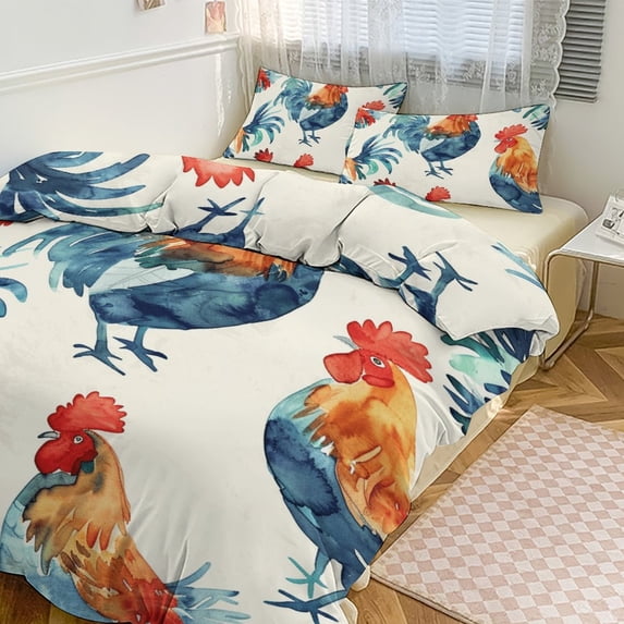 3 Pcs Soft Bedding Set, Includes 1 Duvet Cover with Zipper And 2 Pillow,Shams Oil Rooster Queen(90"×90")
