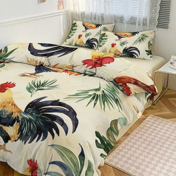 3 Pcs Soft Bedding Set, Includes 1 Duvet Cover with Zipper And 2 Pillow,Shams Oil Rooster Queen(90"×90")