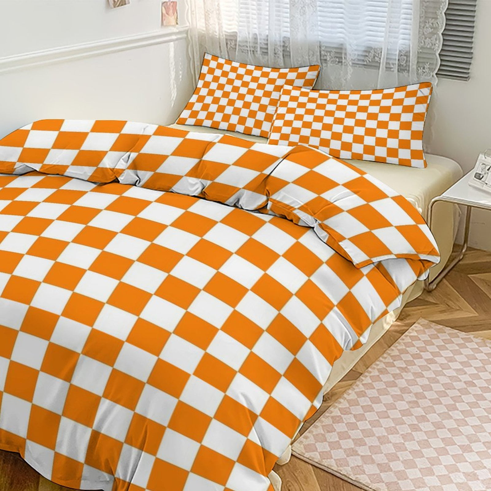 3 Pcs Soft Bedding Set, Includes 1 Duvet Cover with Zipper And 2 Pillow Shams,Orange And White Check Queen(90"×90")