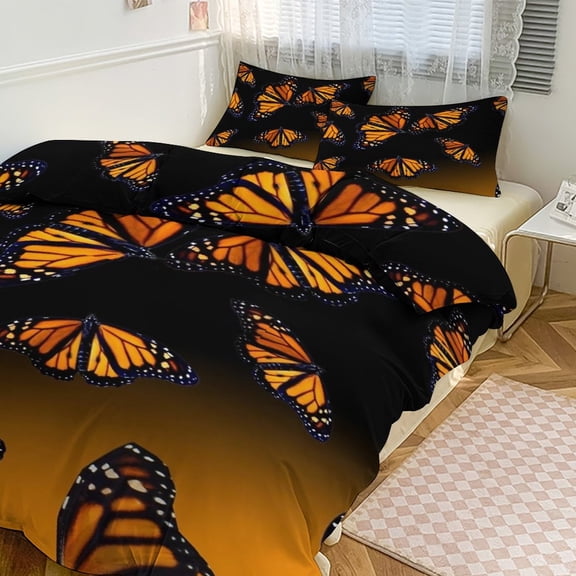 3 Pcs Soft Bedding Set, Includes 1 Duvet Cover with Zipper And 2 Pillow Shams,Orange Monarch Butterflys King(102"×90")